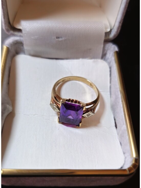 Jewelry - Vintage SP CO 10K Gold 2.5 ct Purple Amethyst & Diamond Art Deco Ring Sz 6